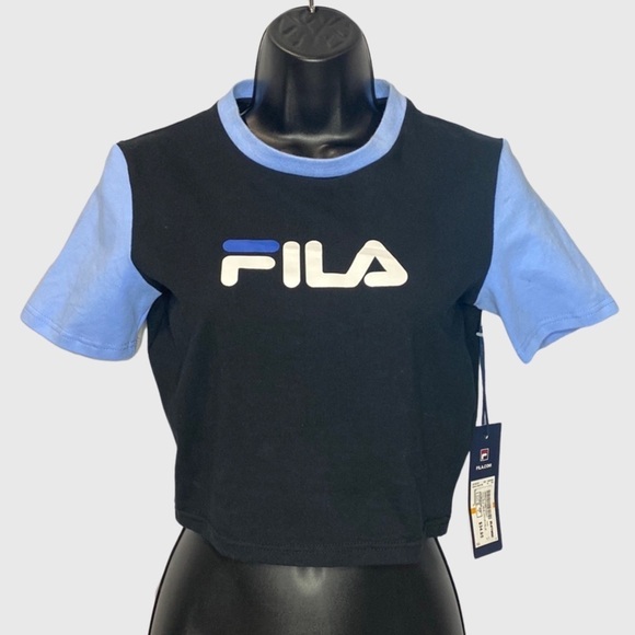 NWT FILA ANNA CROP TEE IN BLACK/ VISTA BLUE WOMEN’S SZ SMALL - Picture 1 of 7